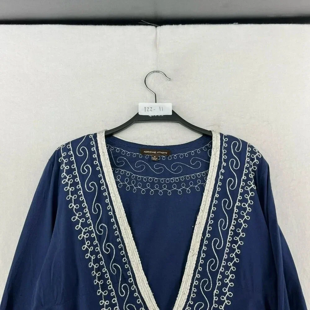Adrienne Vittadini Dress Tunic M Blue Embroidered V Neck Flare Hem Unlined Boho - Picture 13 of 13